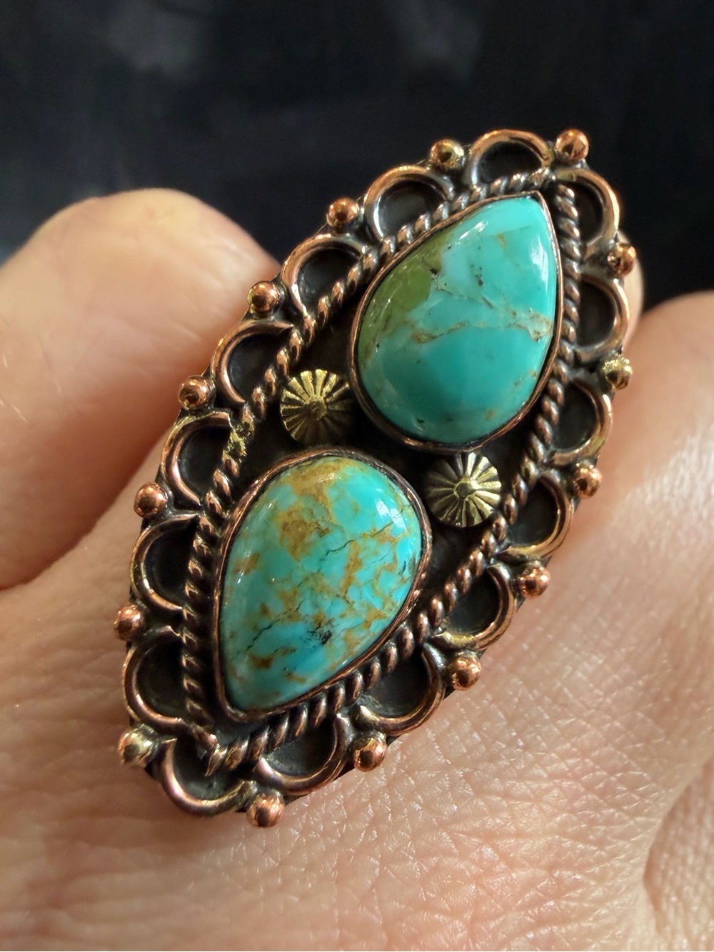 Southwestern Royston Turquoise Statement Copper Ring Size 5.5